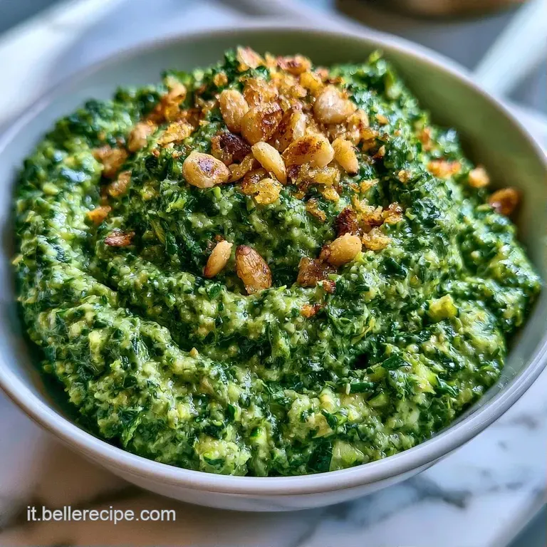 Un nido di pasta avvolto in salsa verde vellutata, guarnito con foglie di basilico fresco e scaglie di formaggio.