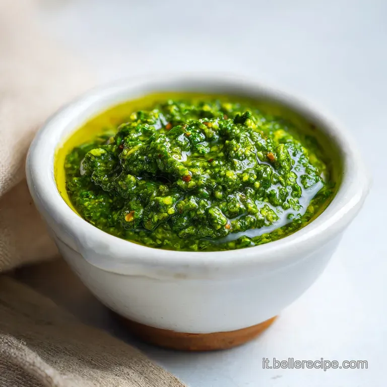 Artfully plated pasta with Sicilian pesto. A swirl of ricotta and a sprig of basil complete the colorful, inviting present...