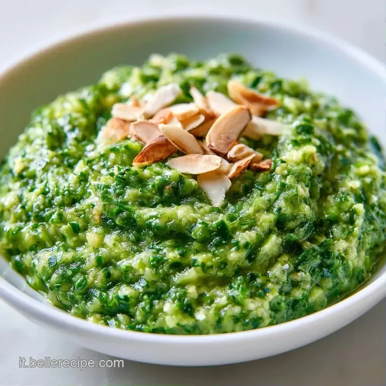 Piatto di ceramica bianca con un nido di pasta avvolto in crema di zucchine verde smeraldo e foglie di basilico fresco.