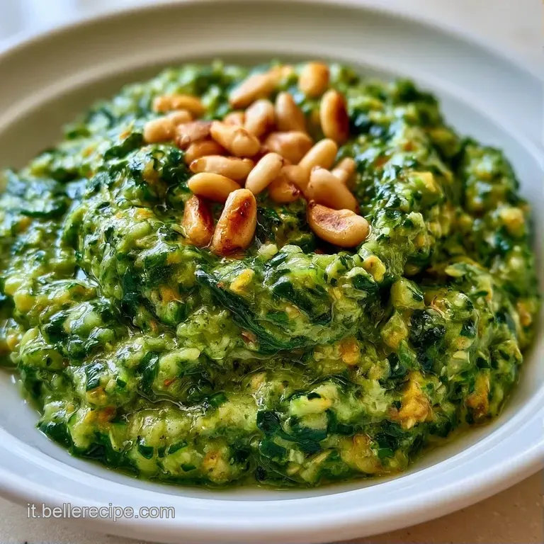 Piatto bianco con una spirale di pasta cremosa verde, foglie di basilico fresco e un filo d'olio lucido in superficie.