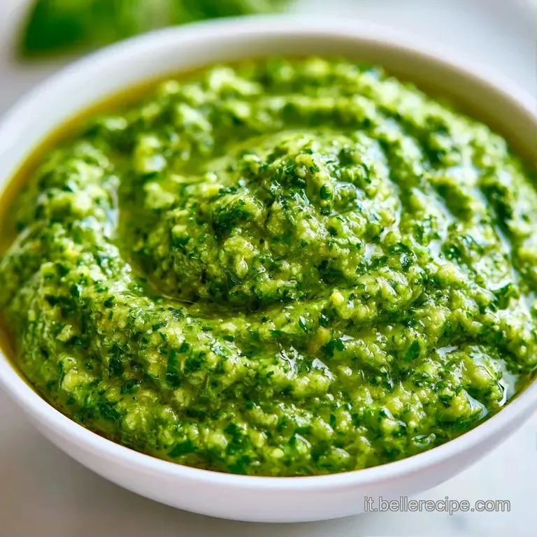 Piatto bianco con una spirale di pasta cremosa verde chiaro, gocce d'olio dorato e foglioline di basilico fresco.