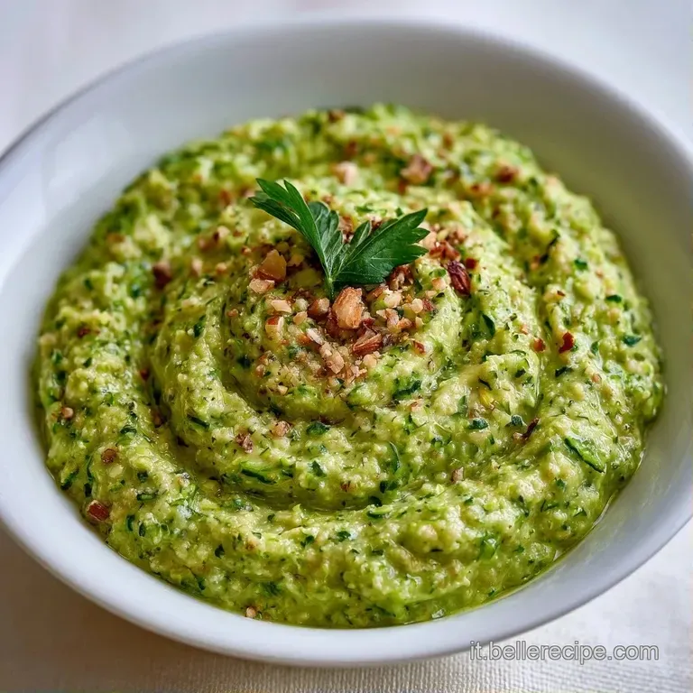 Un nido di pasta cremosa verde su piatto bianco, decorato con mandorle croccanti e un filo d'olio extravergine lucido.