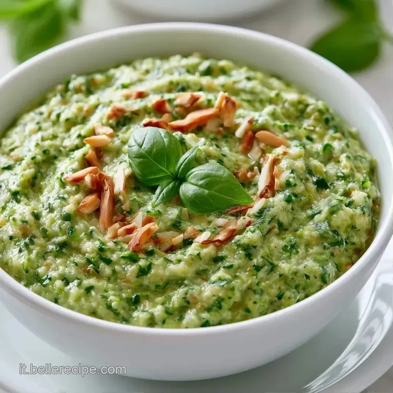 Piatto raffinato con vellutata salsa verde chiaro, scaglie di mandorle croccanti e un filo d'olio dorato lucente.
