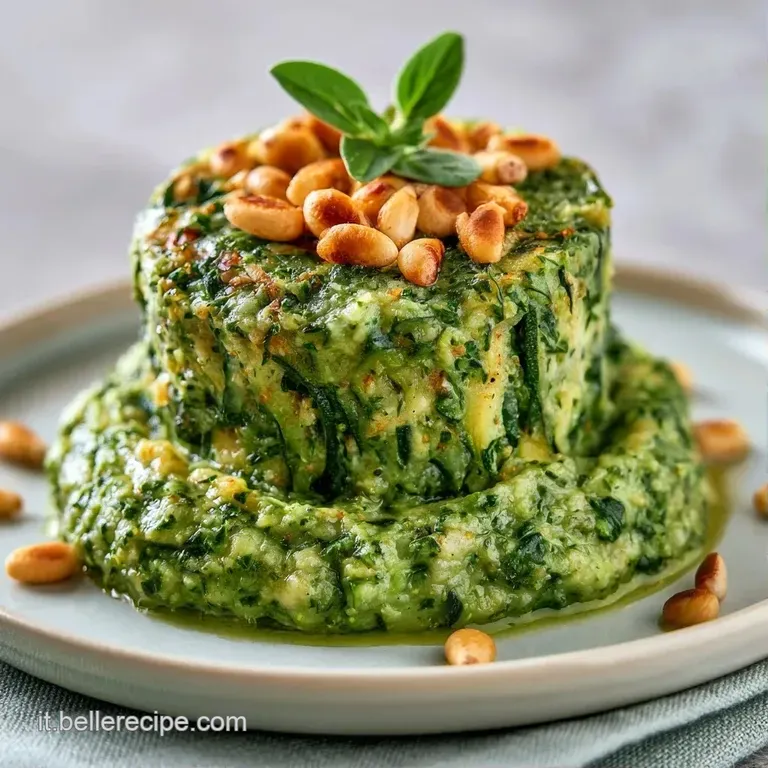 Pasta avvolta in una salsa verde vellutata, decorata con pinoli croccanti e foglie di basilico fresco su piatto ceramica.