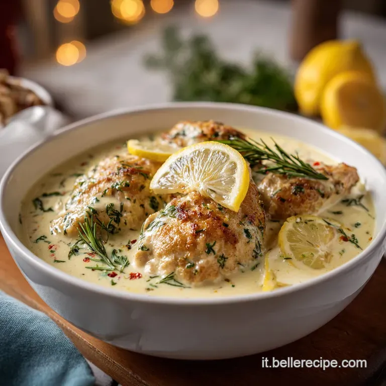 Elegant plate of Pollo al Limone: glistening chicken breast with a luscious, creamy sauce and bright lemon slice garnish.