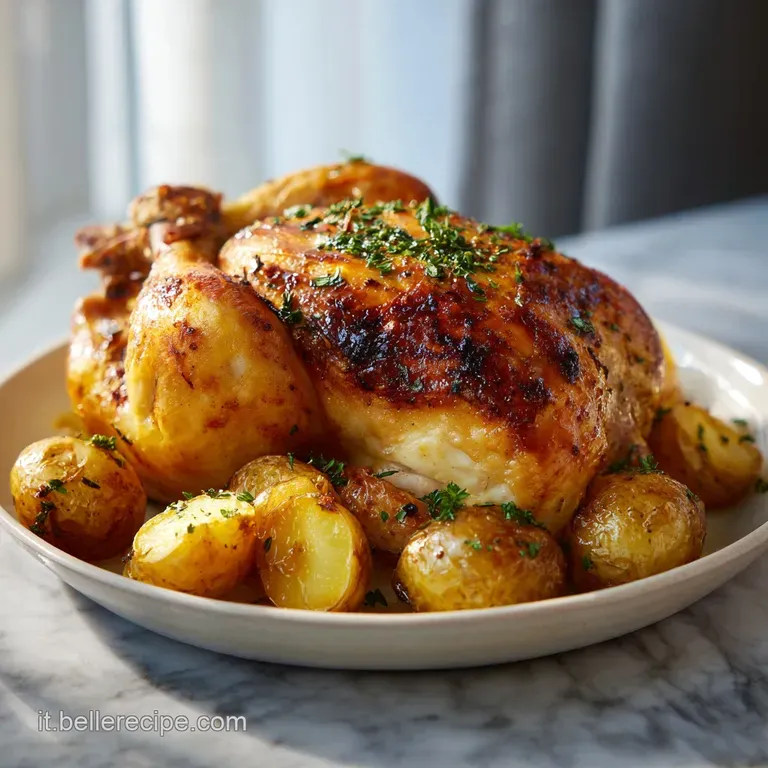 Perfectly roasted chicken quarter served with crispy potatoes. Fresh herbs garnish the plate with bright pops of green.