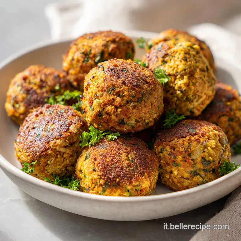 Plated eggplant meatballs, lightly charred, glistening with olive oil, beside a bright sprig of basil on a rustic plate.