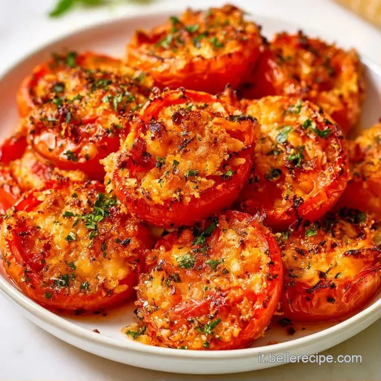 Pomodori rossi vibranti disposti con cura su un piatto, con un filo d'olio dorato e foglioline di basilico fresco.