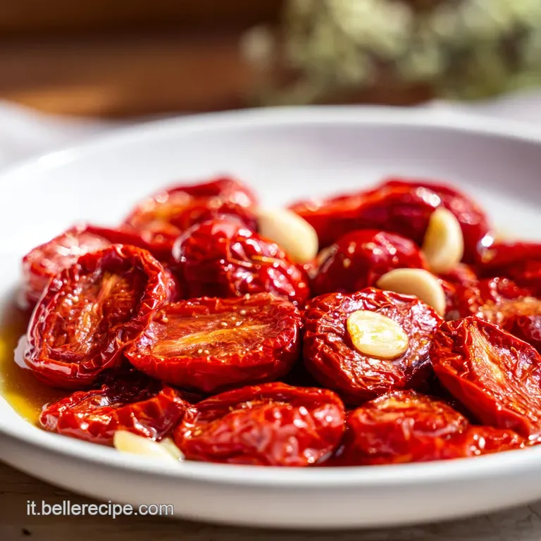 Pomodori rosso rubino disposti in un contenitore di vetro, immersi in olio dorato e trasparente con foglie di basilico.