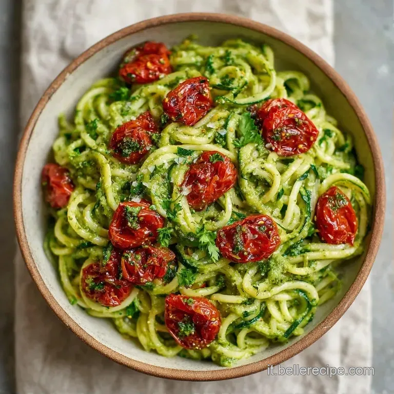 Composizione raffinata di pasta leggera in un piatto bianco, guarnita con pomodori ciliegino e foglioline di basilico.