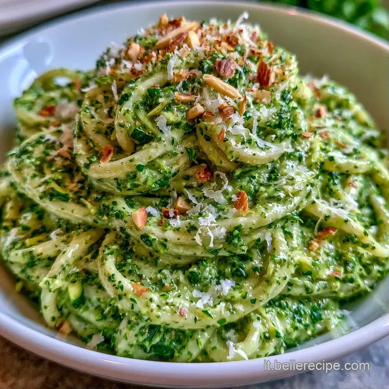 Un nido di pasta cremosa verde smeraldo su un piatto bianco, decorato con una foglia di basilico fresco e olio lucido.
