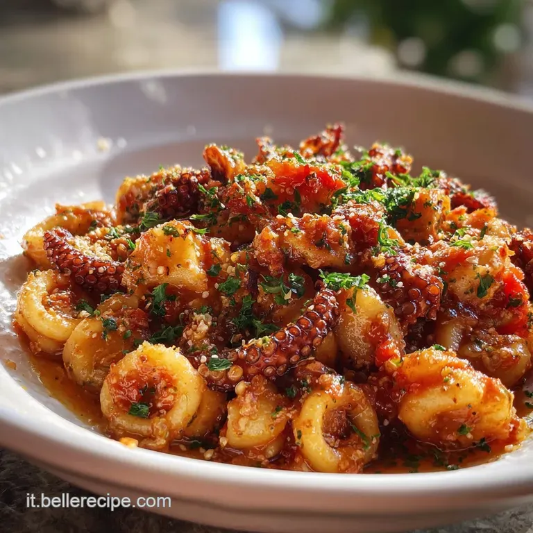 Elegant plate of octopus ragu: glossy sauce coats pasta, garnished with vibrant parsley, a drizzle of olive oil, and crack...