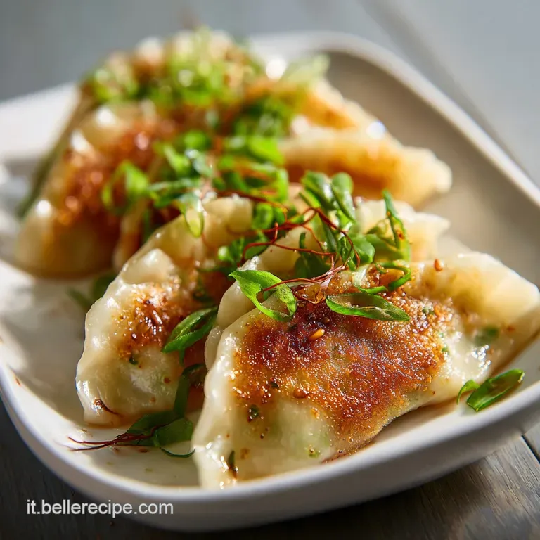 A quartet of glistening, savory dumplings rests on a white plate, garnished with vibrant green scallions and a drizzle of ...