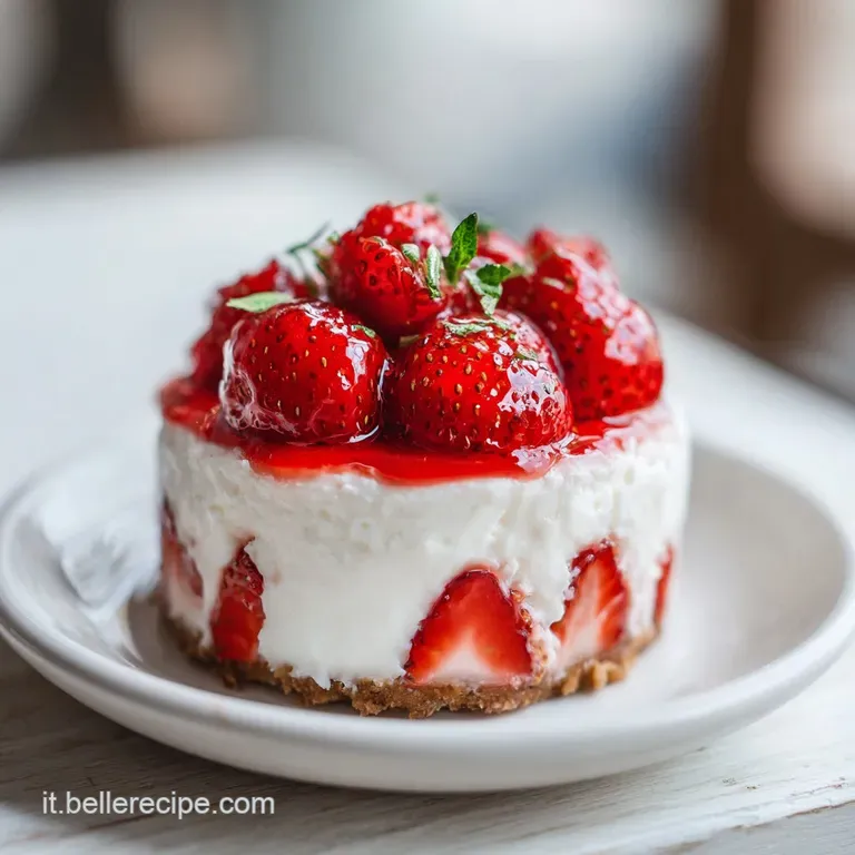 A slice of creamy cheesecake with a swirl of strawberry puree, artfully plated with fresh berries on the side.
