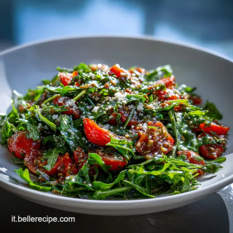 Elegant plate of Insalata alla Gonzaghesca. Bright greens, ruby tomatoes and white cheese contrast, drizzled with golden oil.