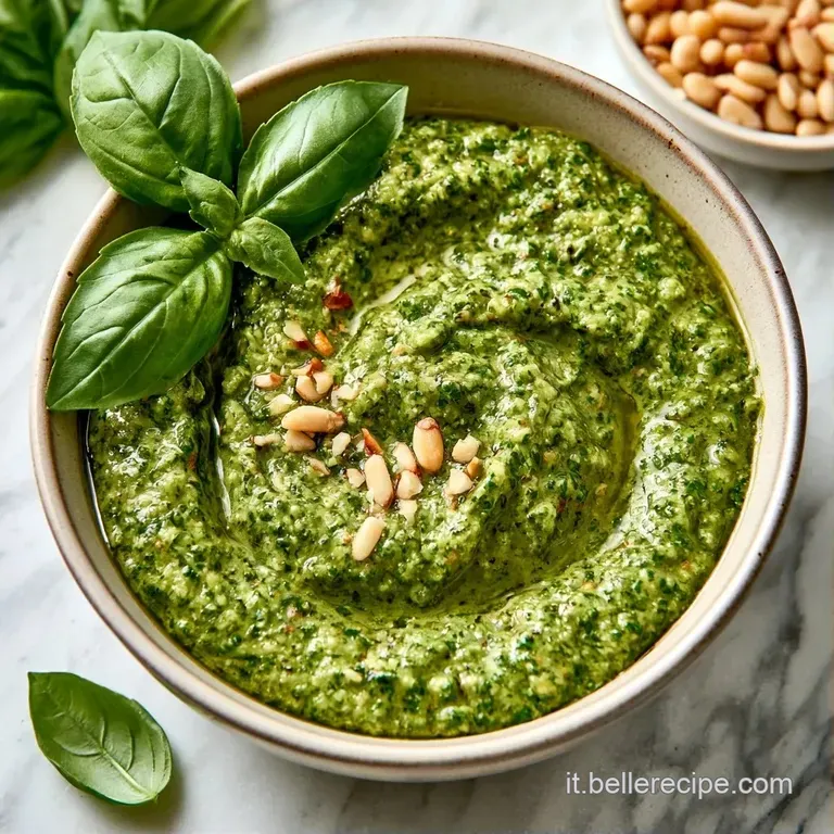 Spaghettoni avvolti in una salsa verde vellutata, decorati con una foglia di basilico fresco e scaglie di formaggio.