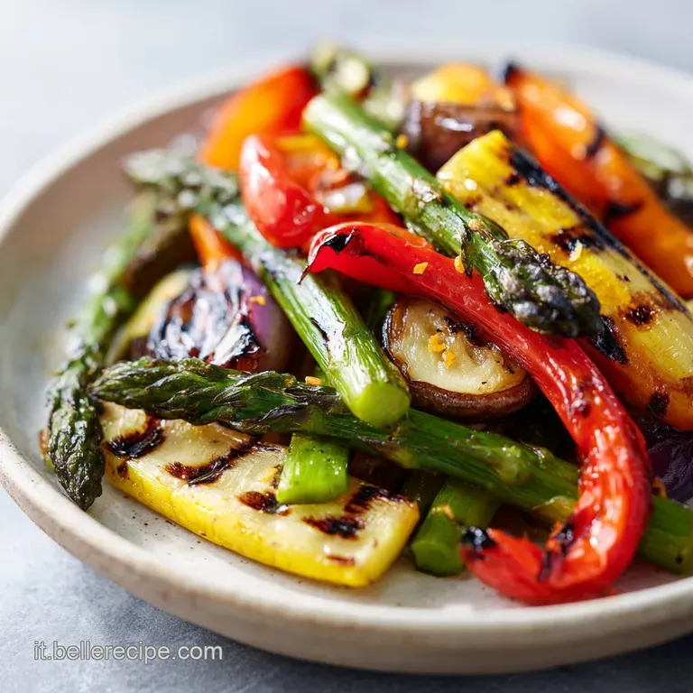 Artfully arranged grilled vegetables. Slices of bright peppers & zucchini create vibrant patterns against a white plate, i...