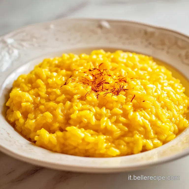 Elegant saffron risotto plated with a swirl of parmesan, showcasing the dish's rich color and smooth texture.