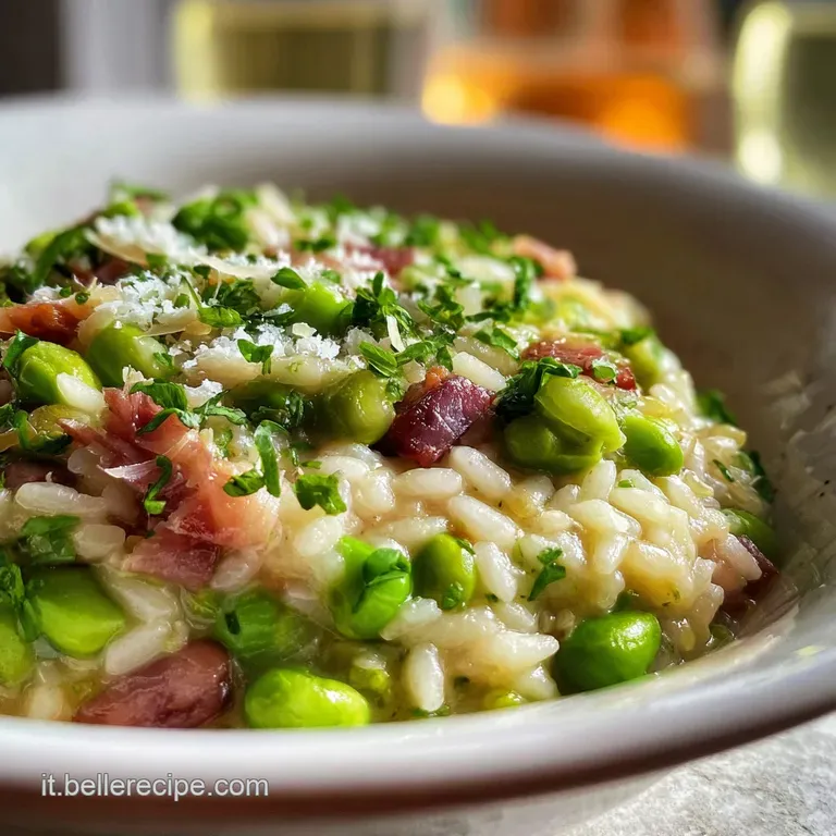 Elegant plate of risotto with glistening fava beans, crispy guanciale, and a generous snowfall of grated pecorino cheese.