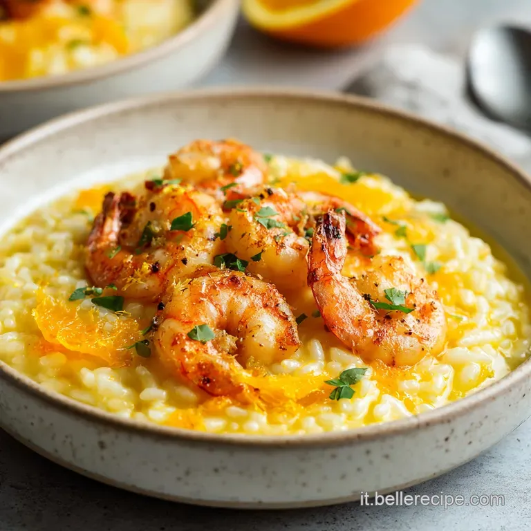 Elegant plate of creamy risotto with plump shrimp, garnished with vibrant orange segments and fresh herbs.