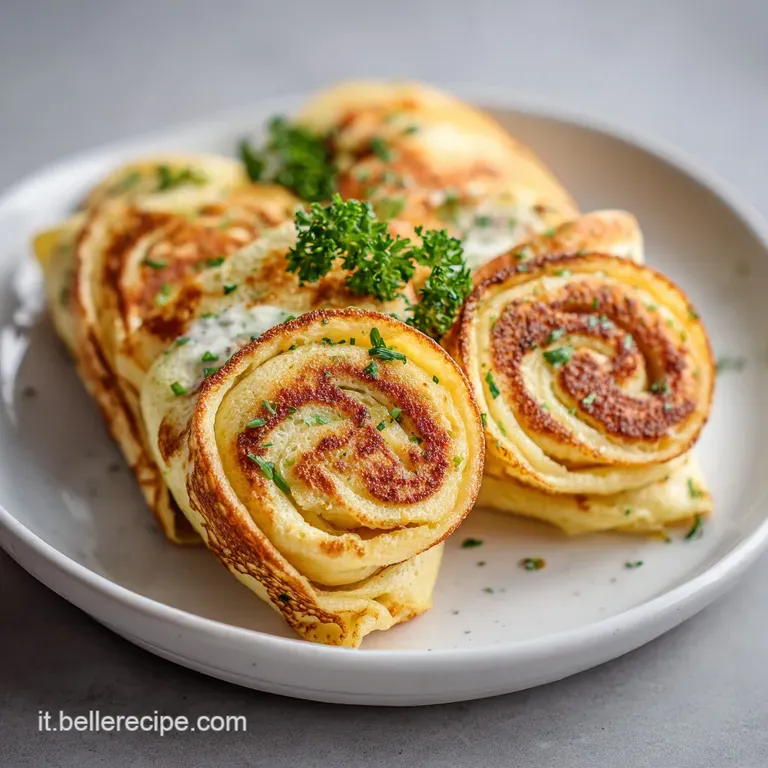 A slice of layered crepe roll with melted cheese, standing tall on a white plate, hints of rich tomato sauce pooling aroun...