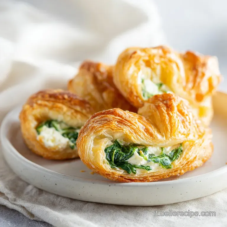 Due involtini di pasta sfoglia ben dorati su un piatto bianco, accompagnati da un ciuffo di insalata verde fresca.