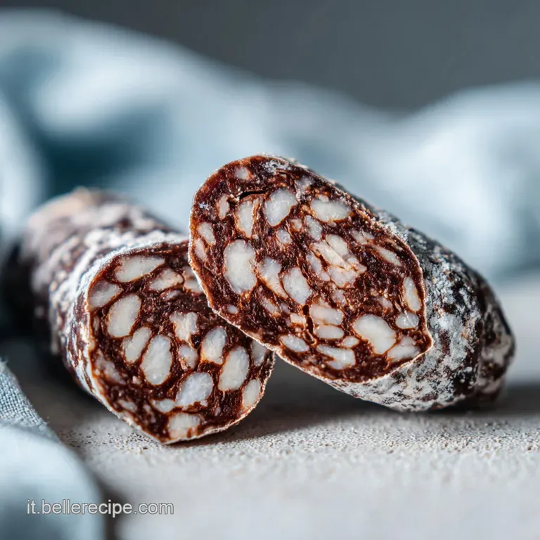 Sliced chocolate salami on a white plate. Cross-section shows a mosaic of dark chocolate and creamy biscuit pieces.