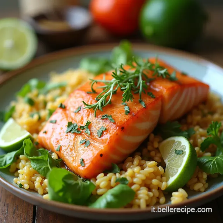 Tramonto Tropicale Salmone Selvaggio Marinato al Lime e Zenzero su Letto di Riso Basmati al Latte di Cocco