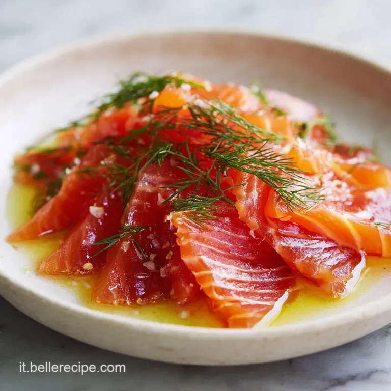Elegant antipasto plate: translucent salt-cured salmon curls, bright lemon wedges, verdant dill sprigs, drizzled with gold...