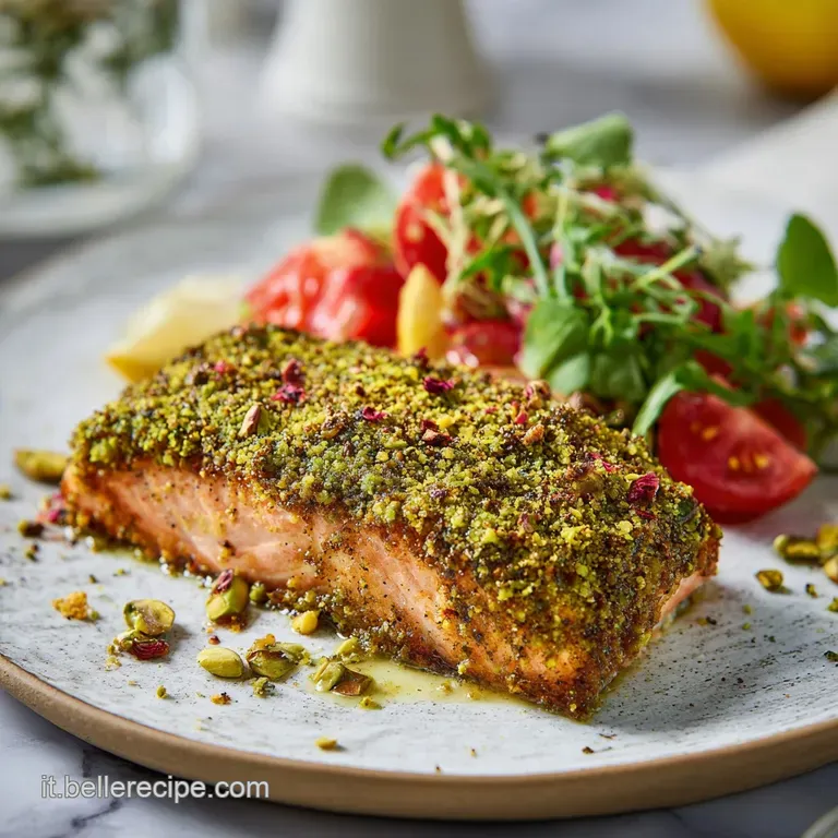 Elegant salmon portion with vibrant green herbs, artfully arranged with roasted lemon slices on a white plate.