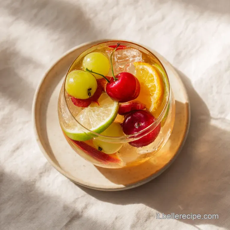 Elegant stemmed glass of Sangria Bianca filled with sliced apples and citrus. Mint sprig garnish. Refreshing and colorful.