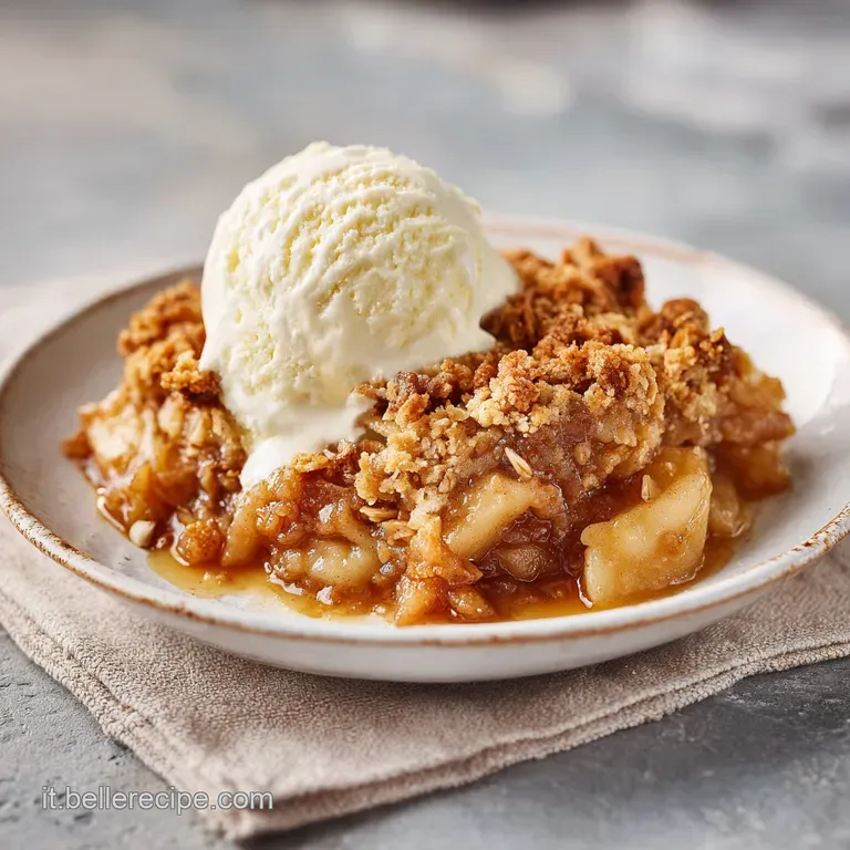Slice of apple crumble pie on a white plate, dusted with powdered sugar. Steaming apples with a rich, buttery, crumble crust.