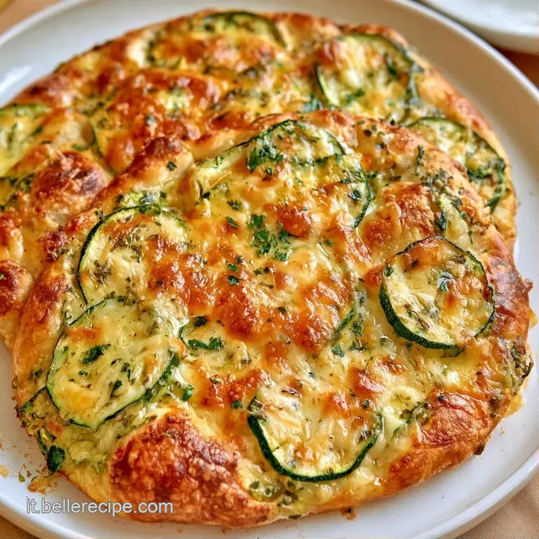 Fetta di focaccia croccante su piatto in ceramica, con zucchine tenere e filamenti di formaggio fuso color crema.
