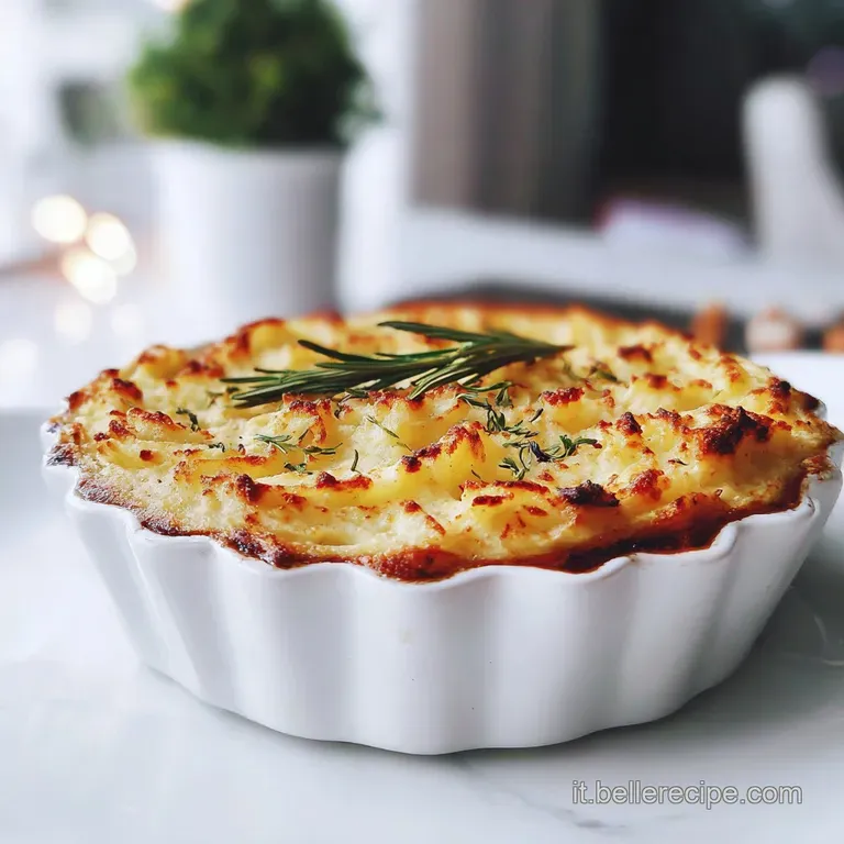 A perfectly portioned shepherd's pie, steam rising, featuring crisp potato edges and a richly colored lentil base, garnish...
