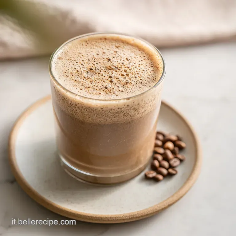 Elegant smoothie served in a stemmed glass. Garnished with carob nibs. Creamy texture highlighted against a neutral backgr...