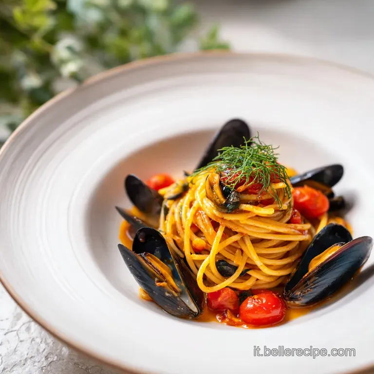 A vibrant bowl of seafood pasta, showcasing bright red tomatoes, green herbs, and pearly white mussels and clams.