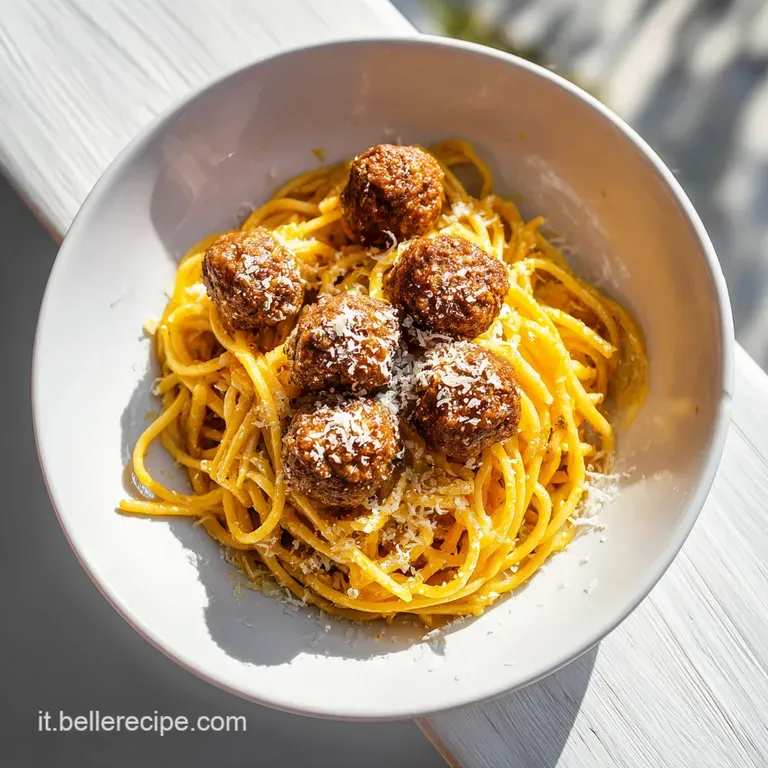 A rustic white bowl filled with spaghetti and meatballs, drizzled with sauce and sprinkled with fresh parsley.