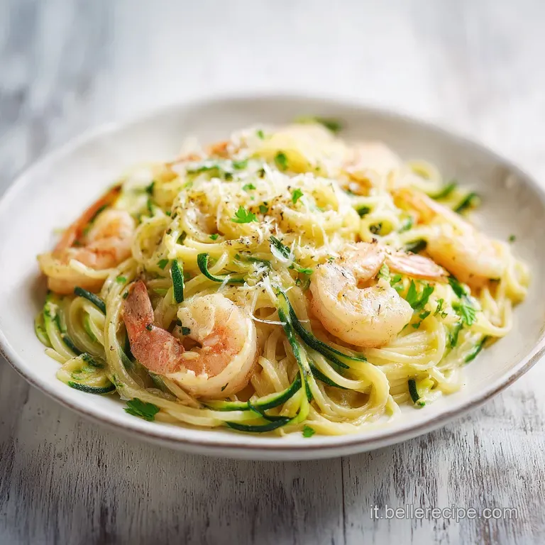 Plated spaghetti swirled high, topped with succulent shrimp and tender zucchini ribbons, dusted with red pepper flakes.