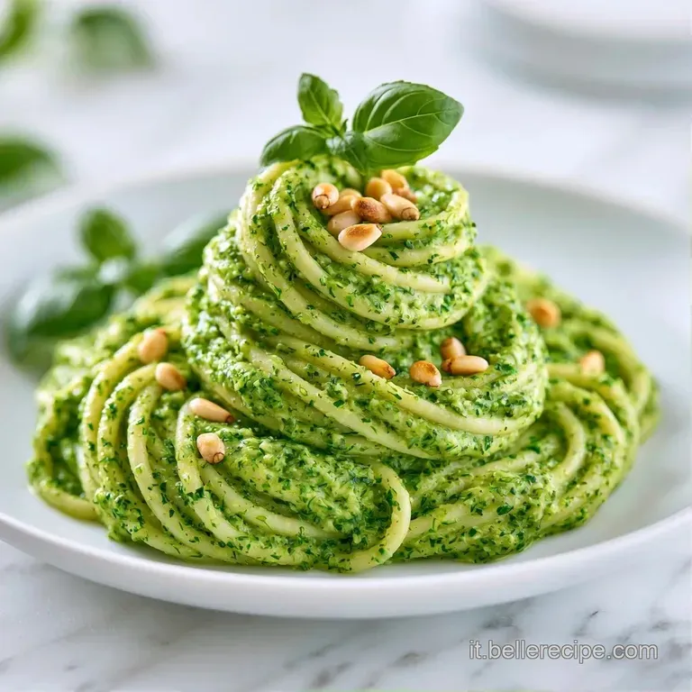 Un nido di pasta lucida e verde disposta con cura in un piatto bianco, guarnita con noci croccanti e un filo d'olio.