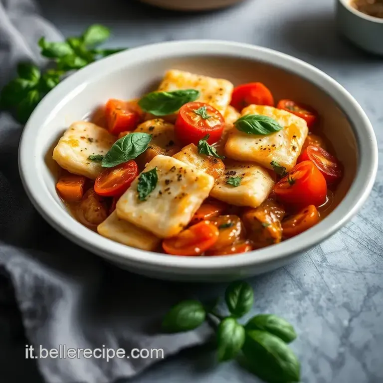 Spigola in Salsa Di Datterini Arrostiti E Basilico Fresco presentation