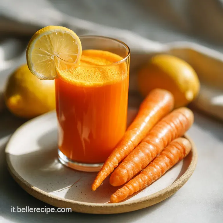 Vibrant orange beverage poured into a sleek glass, garnished with a lemon wedge, suggesting zesty, freshly squeezed goodness.