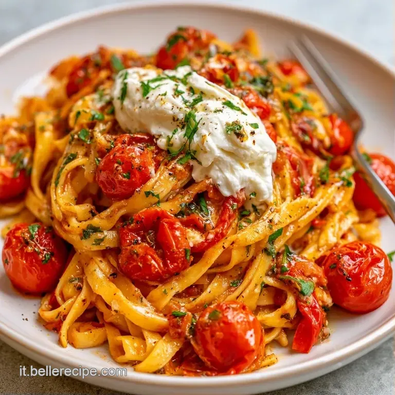 Nido di tagliatelle dorate avvolte in salsa rossa brillante, sormontate da una burrata morbida e foglie di basilico fresco.