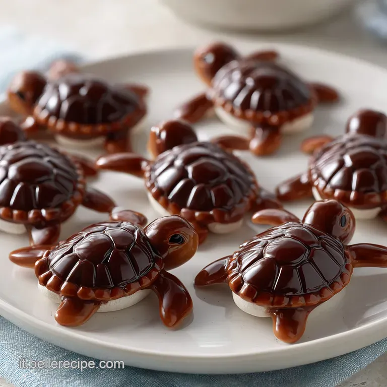 Sweet chocolate turtle cookies displayed on a white plate, showcasing the detailed piping and charming design.