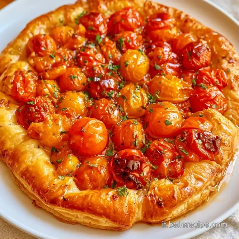 Una fetta di torta salata con pomodorini rosso intenso e glassa lucida, servita su piatto bianco con erbe fresche.