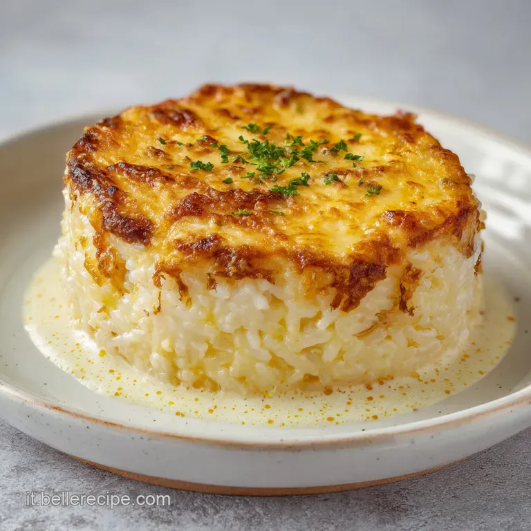 Slice of timballo on a white plate with vibrant red sauce, revealing layers of rice, meat, & melted cheese.