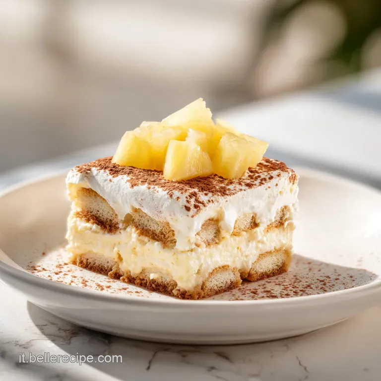 Elegant slice of creamy tiramisu with golden pineapple, resting against ladyfingers, dusted cocoa for contrast. Shows laye...
