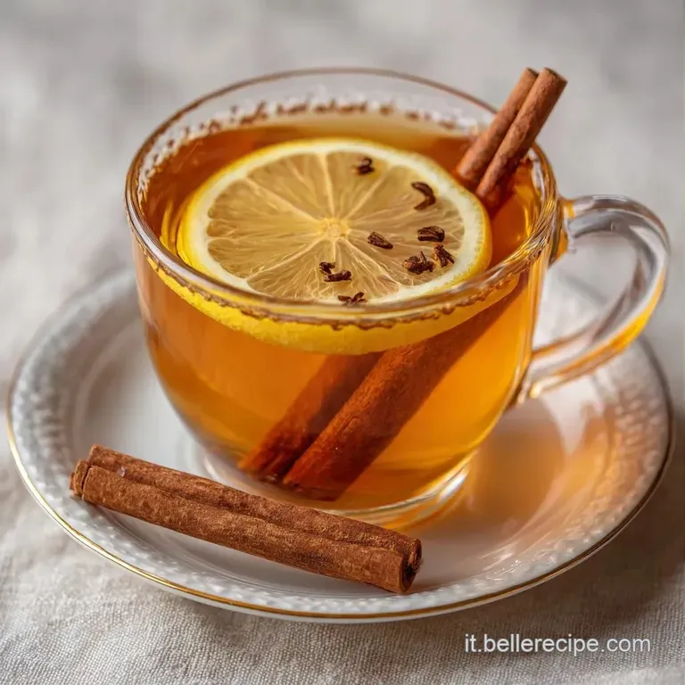 Tazza di vetro trasparente con liquido dorato e fumante, accompagnata da stecche di cannella su un fondo in legno.