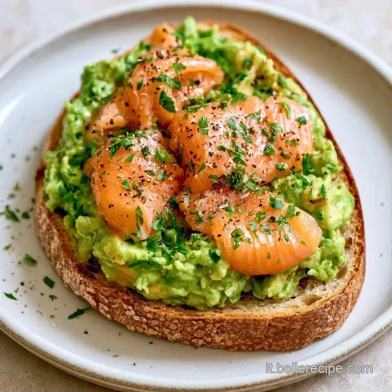 Due fette di pane croccante su piatto bianco con avocado cremoso, salmone rosa lucido e un leggero tocco di pepe nero.