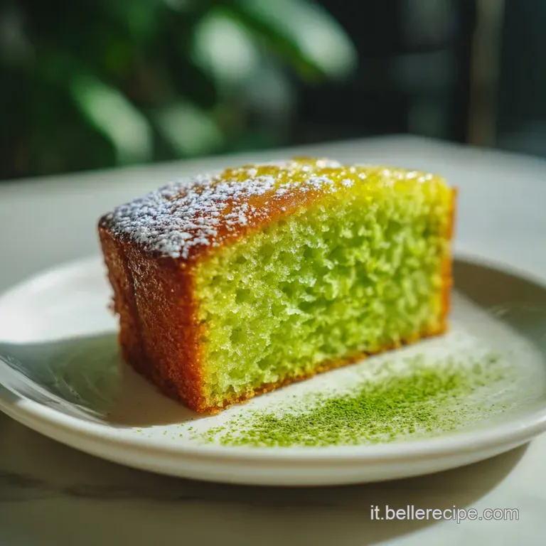 A slice of ethereal green pandan cake sits on a white plate, dusted with powdered sugar. Light reflects off the soft, deli...