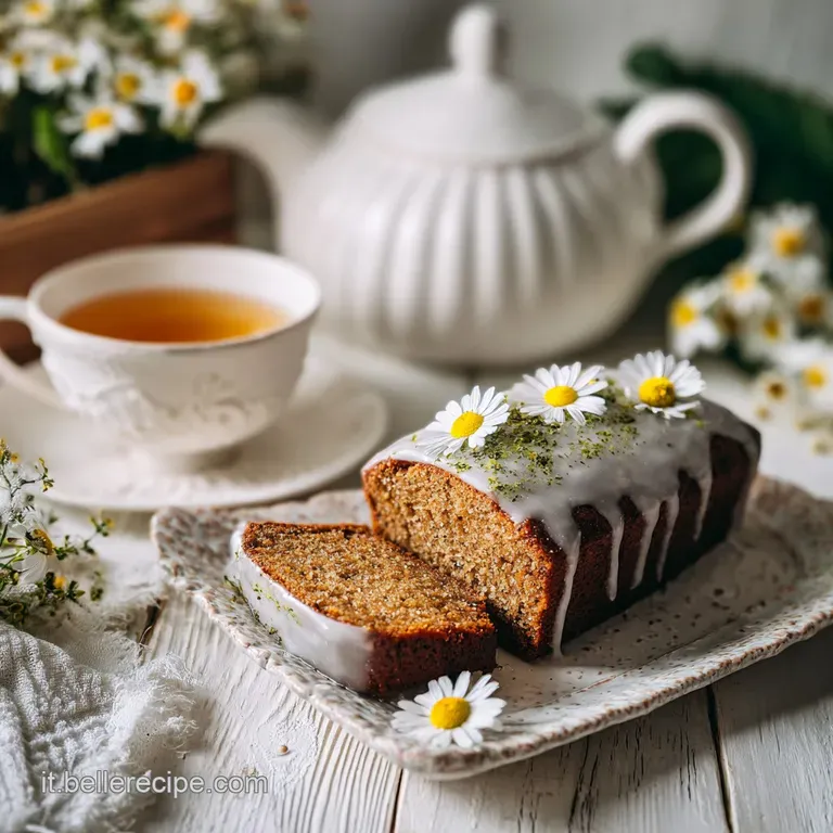 Slice of delicate Earl Grey tea cake, artfully plated with a dusting of powdered sugar and vibrant edible flowers.